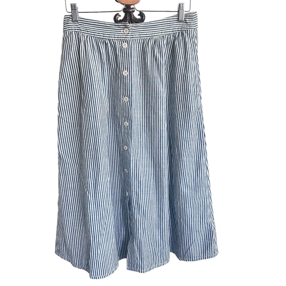 Madewell Palisade Button-Front Midi Skirt Chambray Cotton Stripe Pockets Size‎ 8